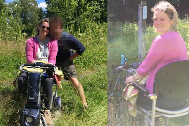 Sarah Whyte on her mobility scooter which has been stolen, along with her car, from outside her home address in Warrender Park Road, Edinburgh picture: supplied