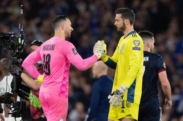 Craig Gordon shakes hands with former Hibs goalkeeper Ofir Marciano after Scotland's 3-2 win over Israel at Hampden (Photo by Sammy Turner / SNS Group)