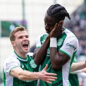 Elie Youan celebrates with Chris Cadden after the forward made it 1-0 to Hibs during their clash with St Mirren. Picture: SNS