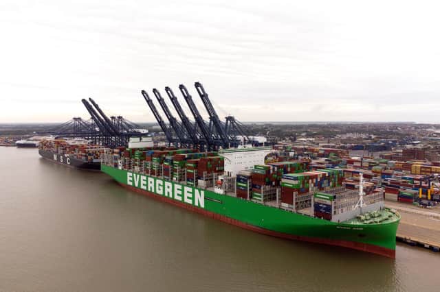 The world's largest cargo ship Ever Ace, holder of the record for most containers loaded onto a single vessel, at the Port of Felixstowe in Suffolk
