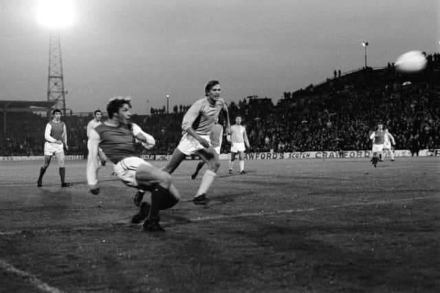 Arthur Duncan scores in the 6-0 drubbing of Malmo in the final Fairs Cup season of 1970/71