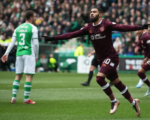 Josh Ginnelly celebrates after scoring for Hearts against Hibs earlier this year. Picture: SNS