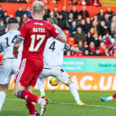 Ryan Hedges puts Aberdeen ahead against Edinburgh City at Pittodrie.
