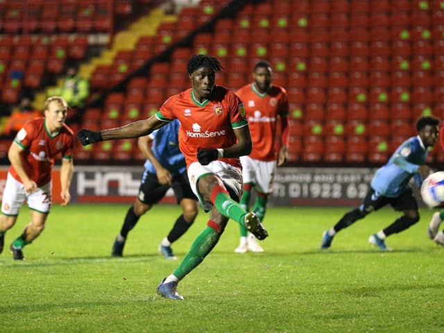 Elijah Adebayo misses a penalty during the Sky Bet League Two match between Walsall and Southend United at Banks's Stadium on November 14, 2020. (Photo by Alex Pantling/Getty Images)