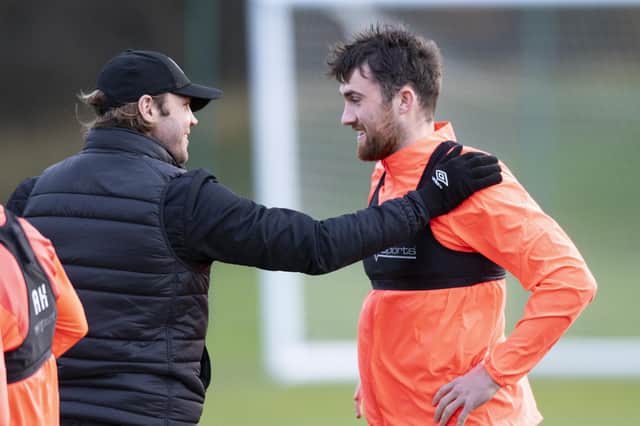 Robbie Neilson and John Souttar are all smiles at Hearts training today