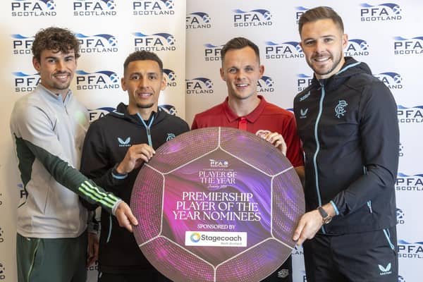 Rangers skipper James Tavernier with teammate Jack Butland, Celtic midfielder Matt O'Riley and Hearts skipper Lawrence Shankland after being nominated for PFA Scotland Premiership Player of the Year