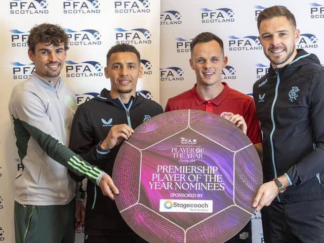 Rangers skipper James Tavernier with teammate Jack Butland, Celtic midfielder Matt O'Riley and Hearts skipper Lawrence Shankland after being nominated for PFA Scotland Premiership Player of the Year
