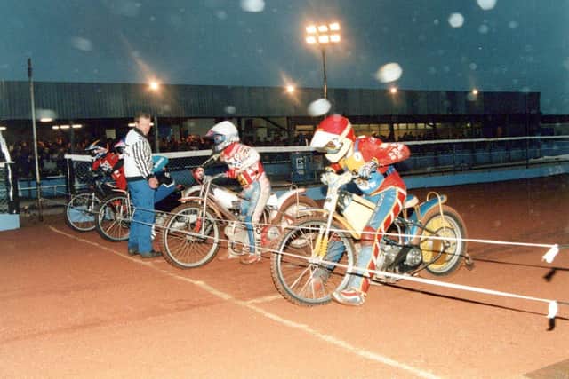 The tapes go up for the first race at Armadale on April 4 1997 as the Monarchs welcome arch-rivals Glasgow Tigers. Picture: Jack Cupido.