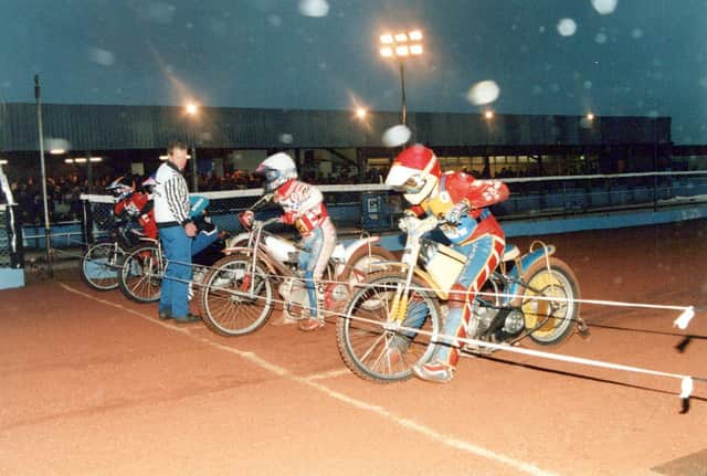 The tapes go up for the first race at Armadale on April 4 1997 as the Monarchs welcome arch-rivals Glasgow Tigers. Picture: Jack Cupido.
