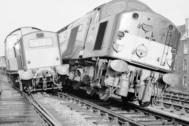 Two diesel engines, one hauling empty coal waggons, were derailed when they collied at Gorgie junction in November 1964.