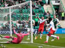 David Marshall crashes into the net after the Hibs goalkeeper was beaten by a James Tavernier free-kick during Sunday's loss to Rangers at Easter Road. Picture: SNS