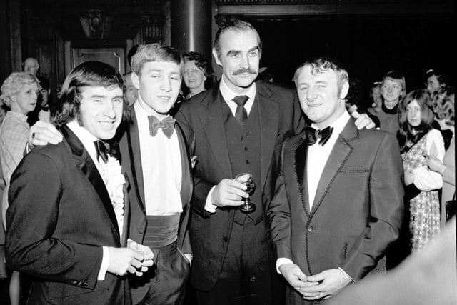 Scottish actor Sean Connery at the premiere of Diamonds Are Forever at the Odeon cinema in Edinburgh in January 1972 - with sportsmen (l-r) Jackie Stewart, Ken Buchanan and Tommy Docherty.