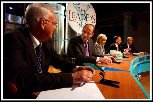 The party chiefs assemble for a BBC programme The Leaders Debate hosted by Anne MacKenzie.  Lib Dem leader Jim Wallace and SNP counterpart John Swinney chat before the event gets under way.  Also taking part were Labour's Jack McConnell and David McLetchie of the Conservatives.