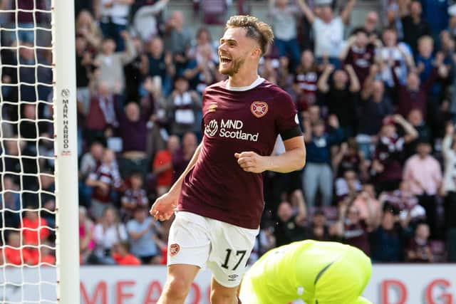 Alan Forrest celebrates after putting Hearts 1-0 up against Ross County.