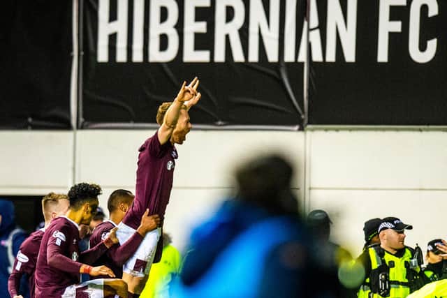 Oliver Bozanic celebrates scoring for Hearts at Easter Road.