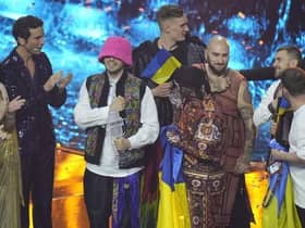 Kalush Orchestra from Ukraine celebrates after winning the Grand Final of the Eurovision Song Contest in May. (AP Photo/Luca Bruno)