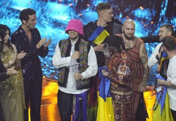Kalush Orchestra from Ukraine celebrates after winning the Grand Final of the Eurovision Song Contest in May. (AP Photo/Luca Bruno)