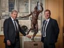 Professor Peter Mathieson, Principal and Vice-Chancellor of the University of Edinburgh, with John MacMillan, CEO, The Eric Liddell Community, with the statue of Eric Liddell at Edinburgh University.