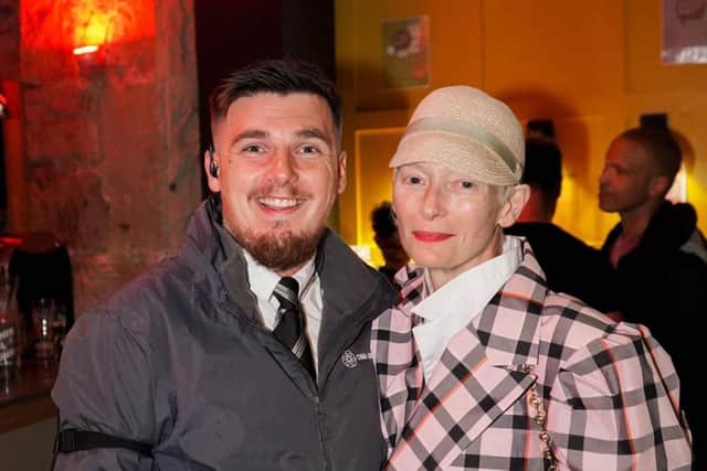 Film Star Tilda Swinton posed for a picture with head doorman at CC Blooms in Edinburgh's Leith Walk. (Picture: DIMA Group Services)