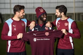 Esmael Goncalves (centre) with new team-mates Alexandros Tziolis (left) and Tasos Avlonitis after signing on the same day in January 2017. Picture: SNS