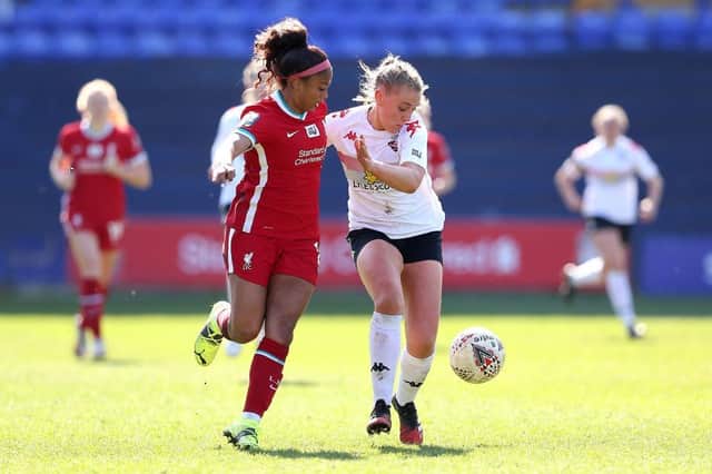 Georgia Timms, right, in action for Lewes in a match against Liverpool in the FA Women's Championship last year. Picture: Getty