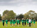 In it together, the Hibs squad warm up for Saturday's season finale. Photo by Paul Devlin / SNS Group
