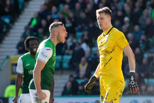 Porteous roars his appreciation after Matt Macey makes a save during Hibs' goalless draw with Celtic