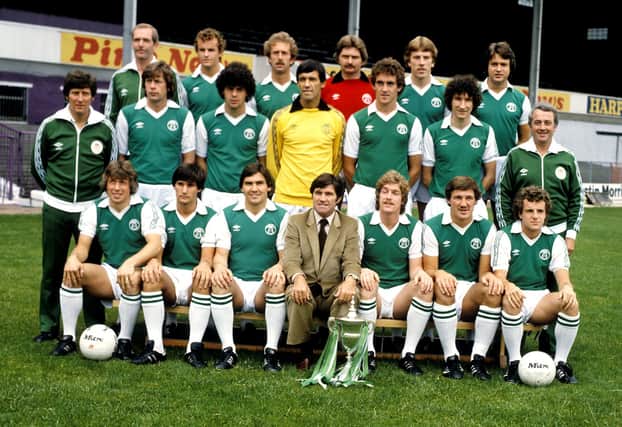 Bertie Auld's 1981/82  Hibs team with the First Division championship trophy. Back row (l to r): Tom McNiven, Stuart Turnbull, John Connolly, Jim McArthur, Gary Murray, Ally MacLeod. Middle row (l to r): John Lambie (coach), Ralph Callaghan, Willie Jamieson, Ally Donaldson, Craig Paterson, Ally Brazil, Pat Quinne (asst manager). Front row (l to r): Arthur Duncan, Ian Hendry, Jackie McNamara, Bertie Auld (manager), Alan Sneddon, Gordon Rae, Derek Rodier