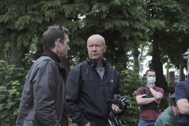 Dougray Scott and Irvine Welsh on location during filming of the TV drama Crime.
