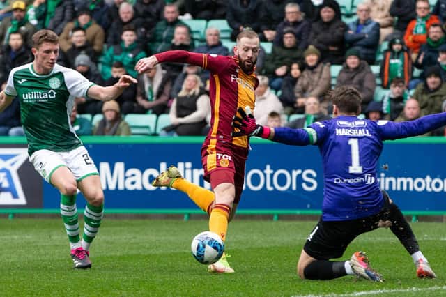 Kevin van Veen in action against Hibs for Motherwell towards the end of last season. Picture: SNS