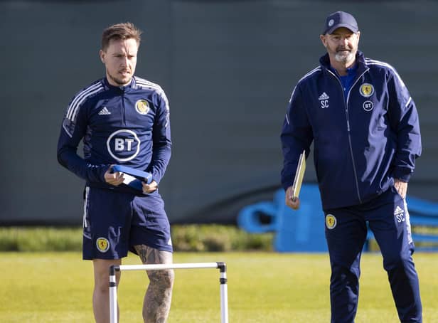 Barrie McKay in Scotland training with manager Steve Clarke. Picture: SNS