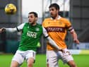 MOTHERWELL, SCOTLAND - DECEMBER 05: Hibs' Drey Wright (L) and Motherwell's Declan Gallagher during the Scottish Premiership match between Motherwell and Hibernian at Fir Park on December 05, 2020, in Motherwell, Scotland. (Photo by Craig Foy / SNS Group)