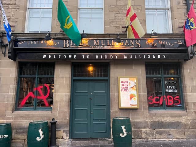 Vandals targetted Biddy Milligans pub in Edinburgh's Grassmarket. Photo: Lisa Ferguson