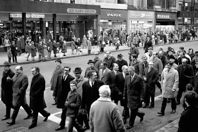 Miners march along Princes Street: Leading the rally are some familiar names including NUM leaders Joe Gormley, and Mick McGahey, plus politicians Jim Sillars and the late John Smith.