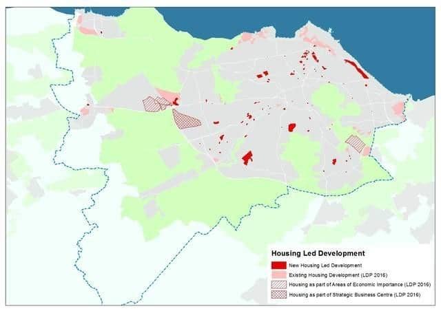 A map from City Plan 2030 showing potential sites for housing development.