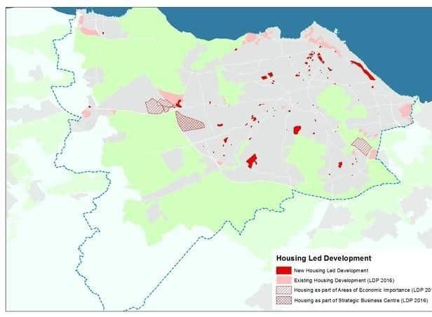 A map from City Plan 2030 showing potential sites for housing development.