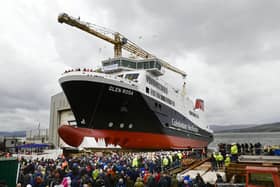 One of two late and over-budget ferries launched at a shipyard on the River Clyde