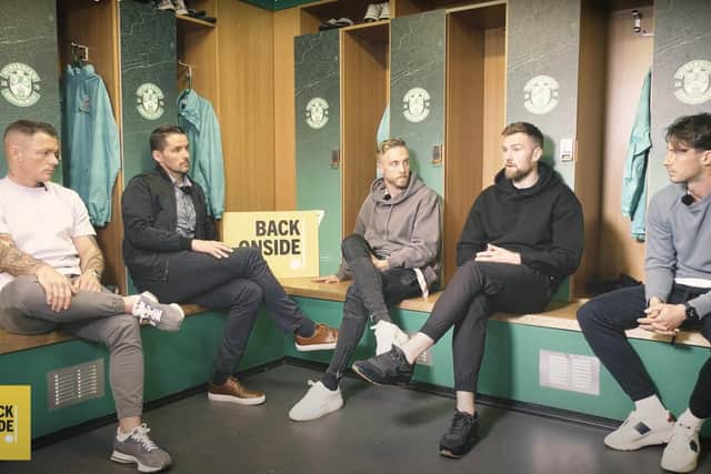 Mikey Devlin, flanked by Jimmy Jeggo and Joe Newell, speaks to David Cox, left, and Lee Mair, during the first episode of The Changing Room Chat Show