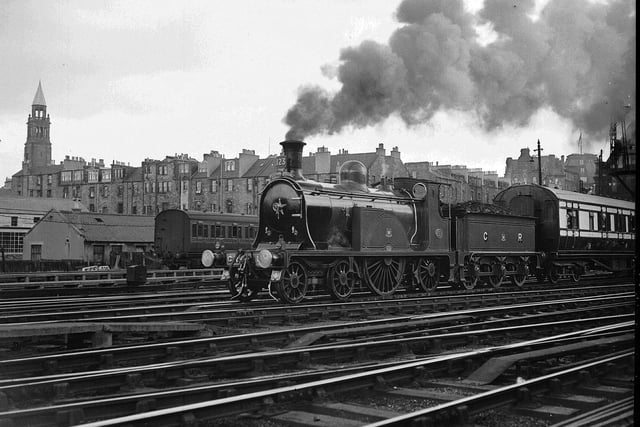 Legendary Caledonian Railway locomotive number 123 arrives at Princes Street Station, 1962.