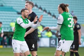 Martin Boyle celebrates with Jackson Irvine after making it 2-0 for Hibs against Livingston.