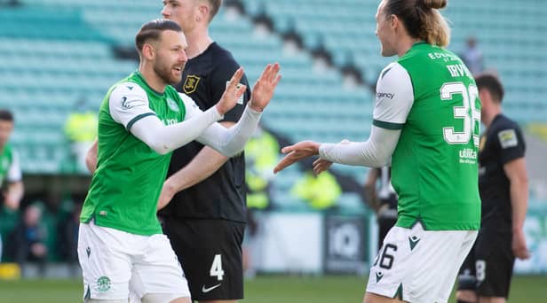 Martin Boyle celebrates with Jackson Irvine after making it 2-0 for Hibs against Livingston.