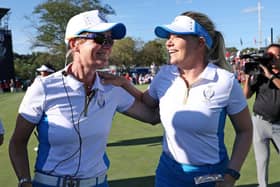 European captain Catriona Matthew congratulates Matilda Castren after the Finnish player had retained the Solheim Cup at the Inverness Club in Toledo, Ohio. Picture: Gregory Shamus/Getty Images.