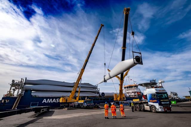 In collaboration with heavy lift specialist Collett Transport, the turbines arrived aboard the EEMS Dublin cargo ship into the Port of Leith from Esbjerg in Denmark. Picture: Peter Devlin
