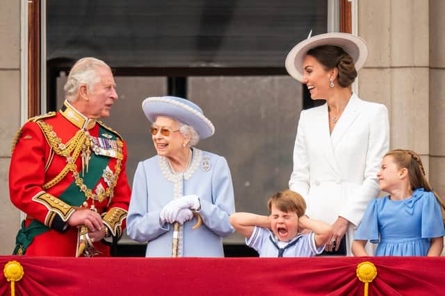 The Prince of Wales, Queen Elizabeth II, Prince Louis, the Duchess of Cambridge and Princess Charlotte on the balcony of Buckingham Palace after the Trooping the Colour ceremony at Horse Guards Parade, central London, as the Queen celebrates her official birthday, on day one of the Platinum Jubilee celebrations. Picture date: Thursday June 2, 2022.