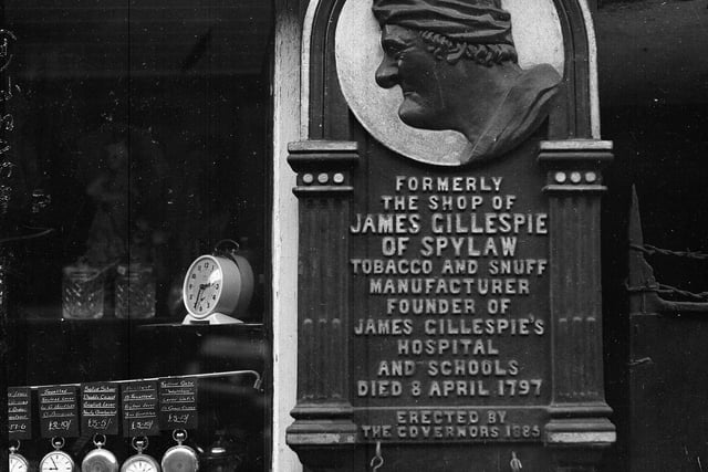 A plaque on the site of James Gillespie's shop, in Edinburgh's High Street, in memory of the school's founder.