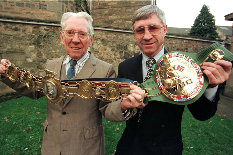 Ken with his dad Tommy and two of his belts at Leith Town Hall.