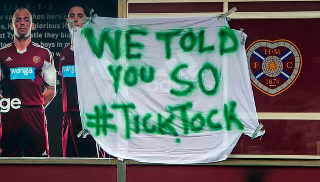 Hibs fans placed a banner at Tynecastle in 2013. Picture: SNS