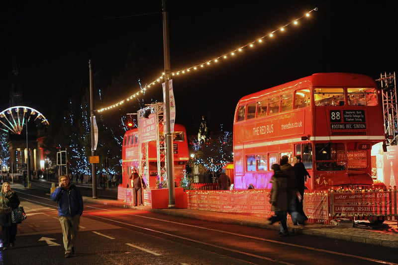 La Favorita pizza place kitted out two old London Routemaster buses as places to eat on Princes Street in December, 2011.