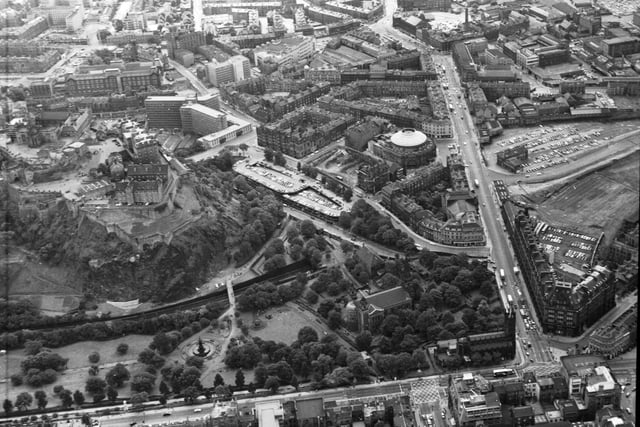 An aerial of Edinburgh's, Lothian Road in July 1974, with the junction with Princes Street in the bottom right hand corner.