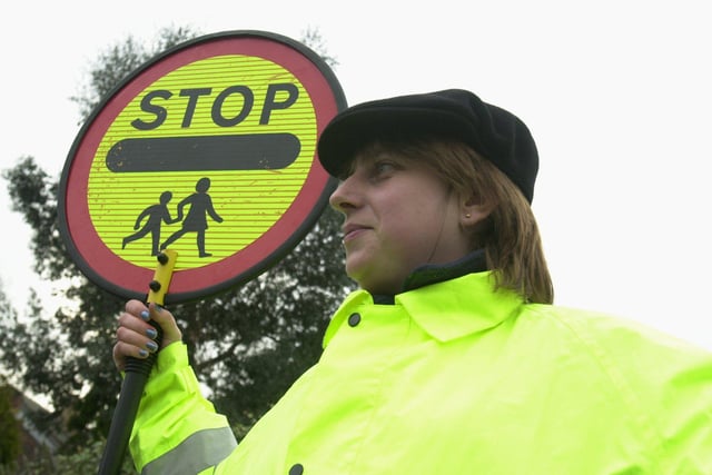 Joanne Tissington  lollipop crossing warden at the busy Meredith Rd/Oakland Road and Kendal Road junctions  in 2003